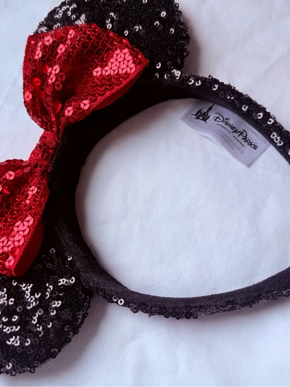 Disney Parks Minnie Mouse Black Sequin Ears Headband Red Bow